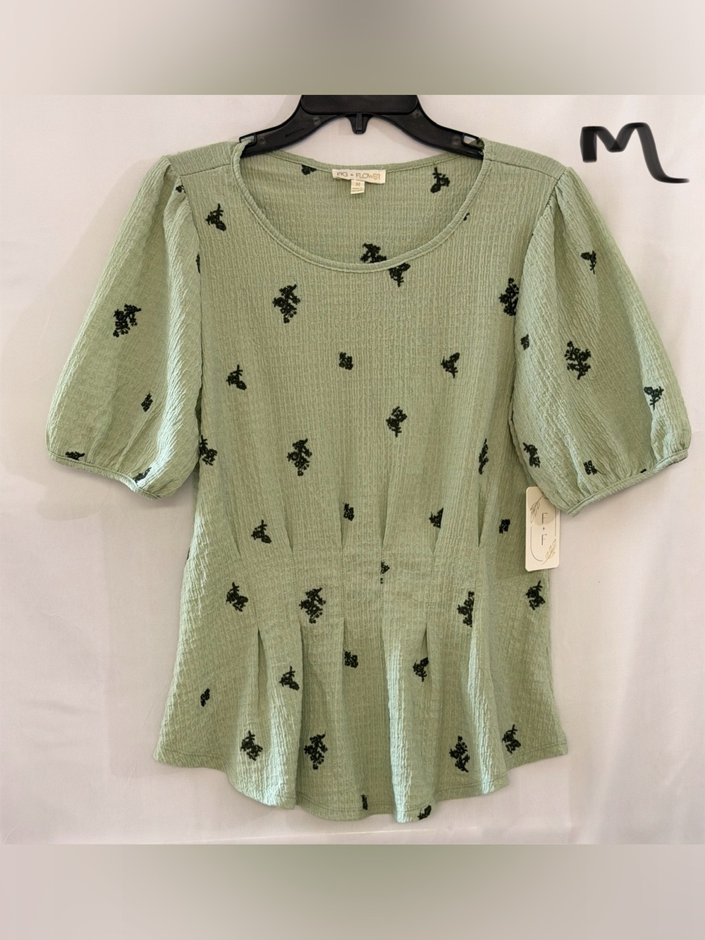 fig and flower Light Sage Green Floral Puff-Sleeve Peplum Top